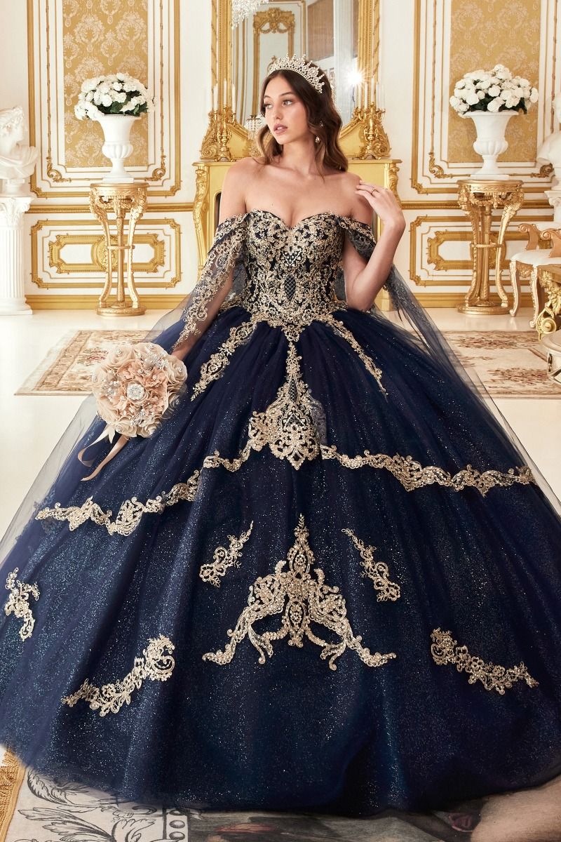 Navy, Burgundy, Emerald | Glitter QuinceaƱera Ball Gown with Gold Embroidery & Off-Shoulder Sleeves CD15711-0